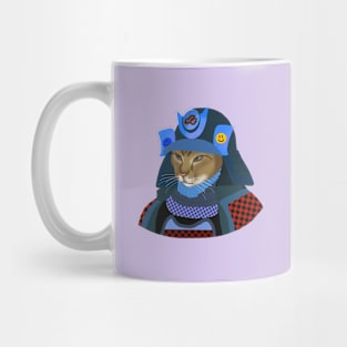 Cat samurai in blue helmet Mug